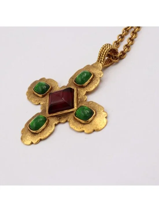 Chanel Colored Stone Necklace Metal Gold Red Green Gripoix - Picture 3 of 8